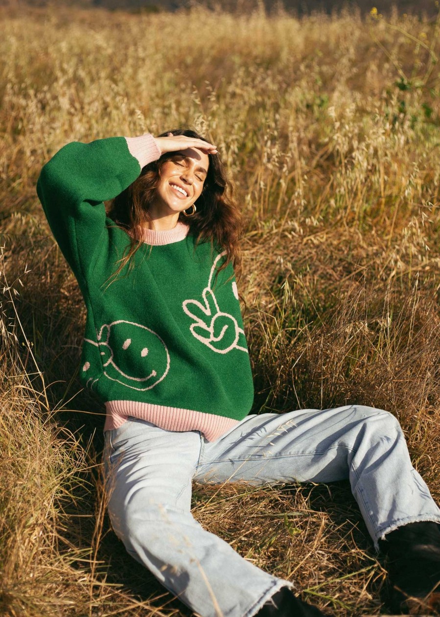 Oversized Sweaters Girl Dangerous | Smiley Faces Green Oversized Sweater