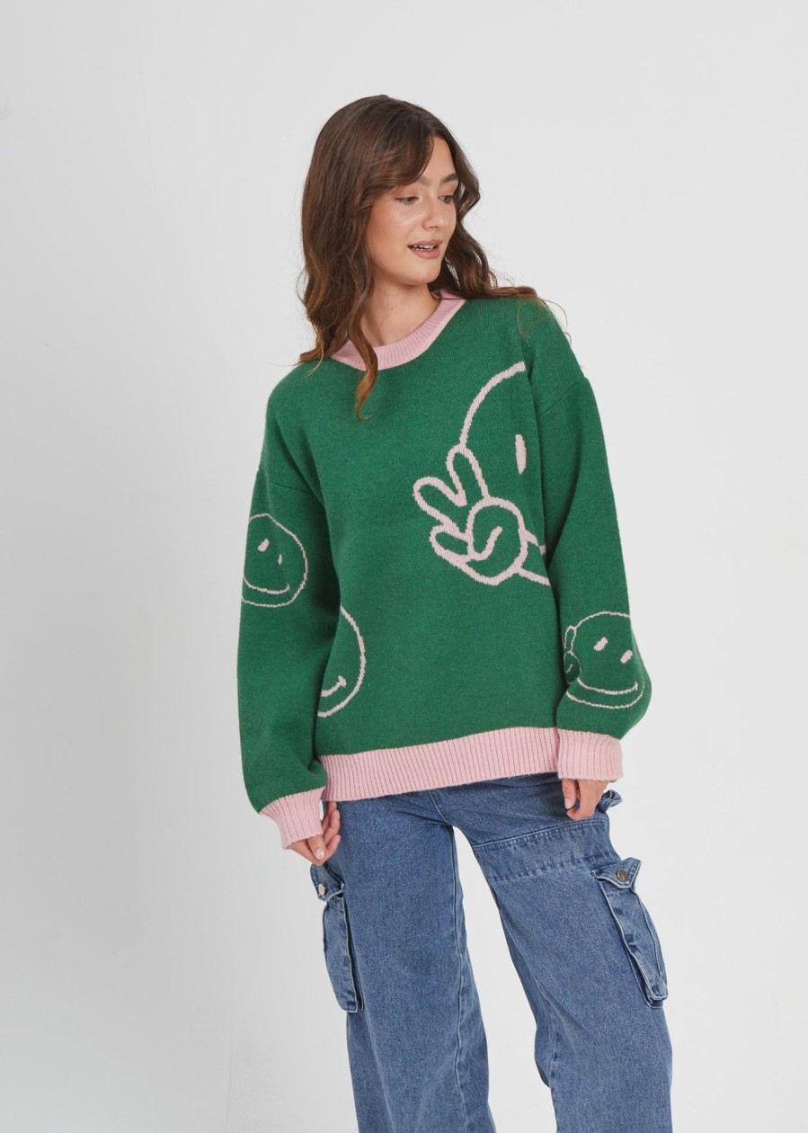 Oversized Sweaters Girl Dangerous | Smiley Faces Green Oversized Sweater