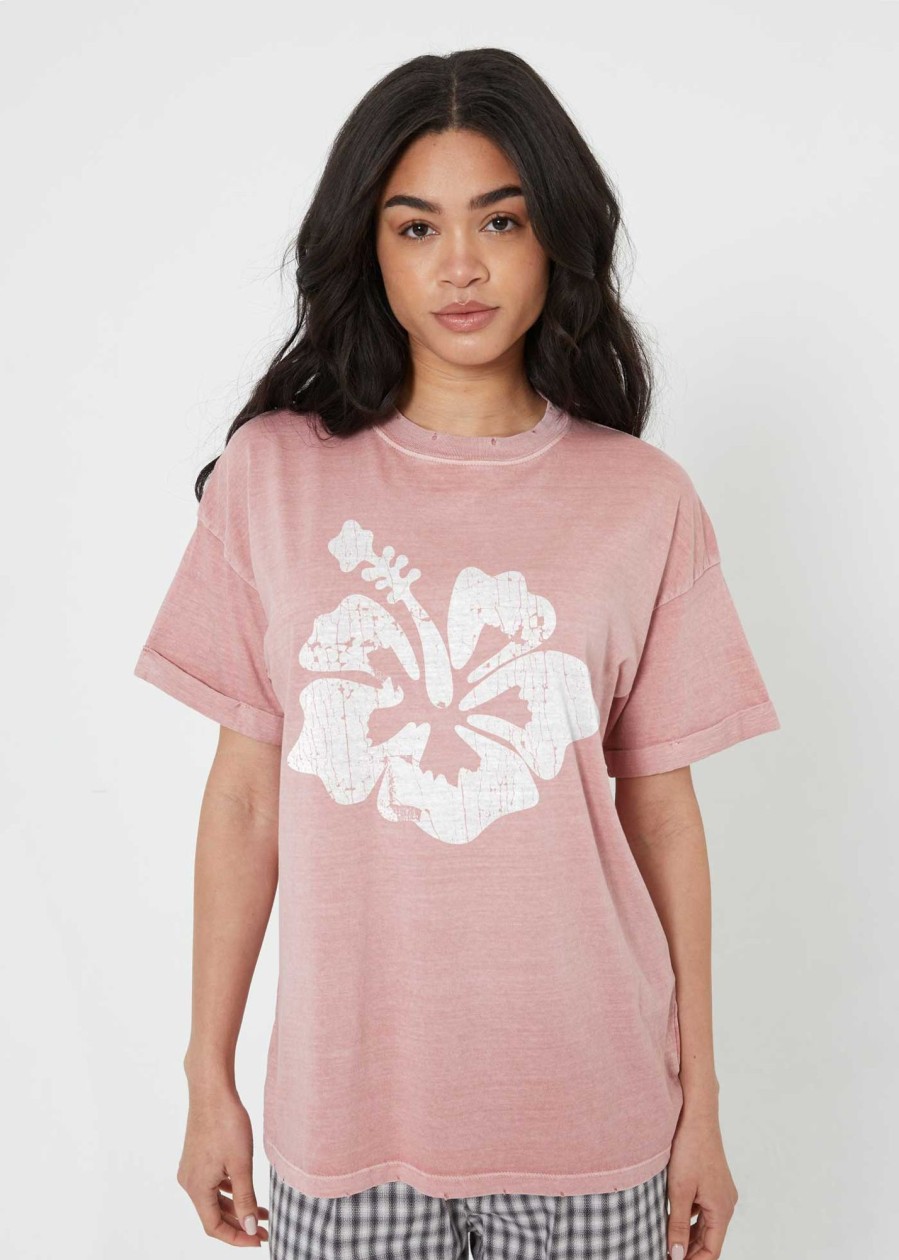 Tees Girl Dangerous | Hibiscus Flower Dusty Pink Boyfriend Tee