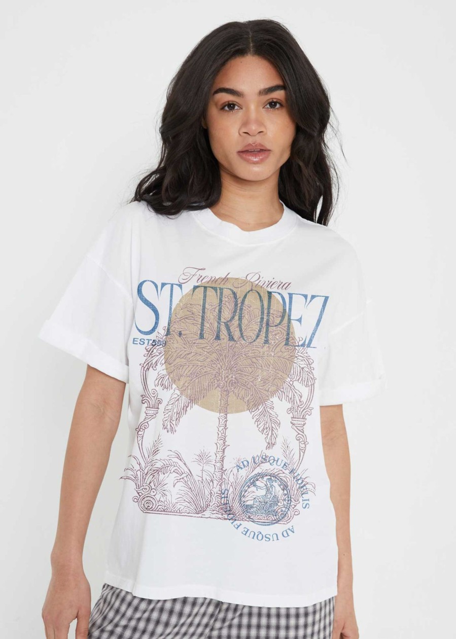 Tees Girl Dangerous | St. Tropez Palm White Boyfriend Tee