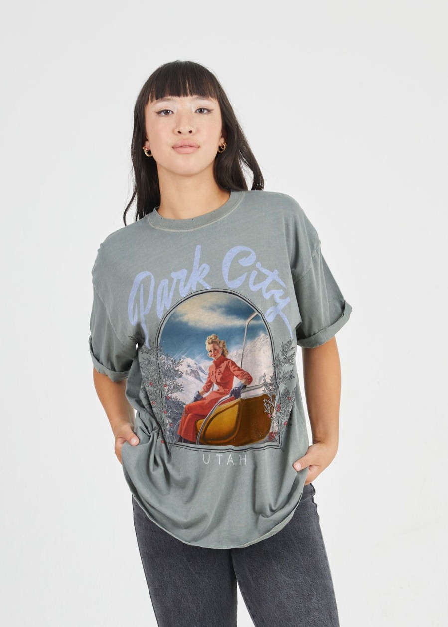 Tees Girl Dangerous | Park City Ski Lift Army Green Boyfriend Tee